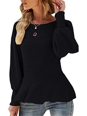 Womens Babydoll Sweater Ribbed Knit Puff Sleeve Crew Neck Casual Top